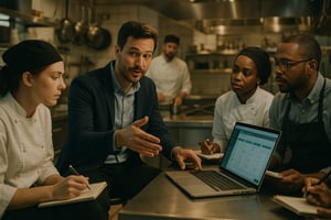 A male software consultant dressed in a smartcasual outfit that blends professionalism with approachability is seated in a culinary kitchen setting with a small group of attentive catering company employees He gestures animatedly towards a sleek lapt-1